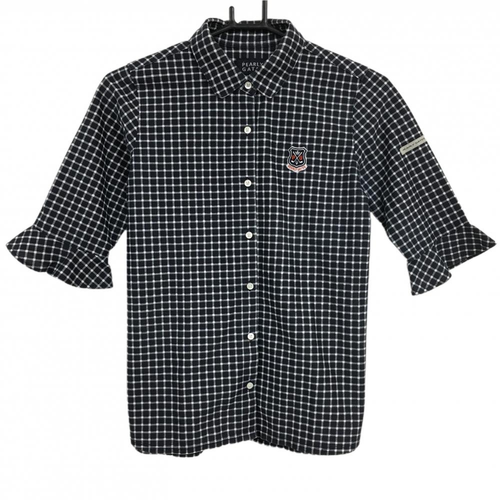 パーリーゲイツ 半袖シャツ 黒×白 格子チェック 五分袖 レディース 0(S) ゴルフウェア PEARLY GATES
