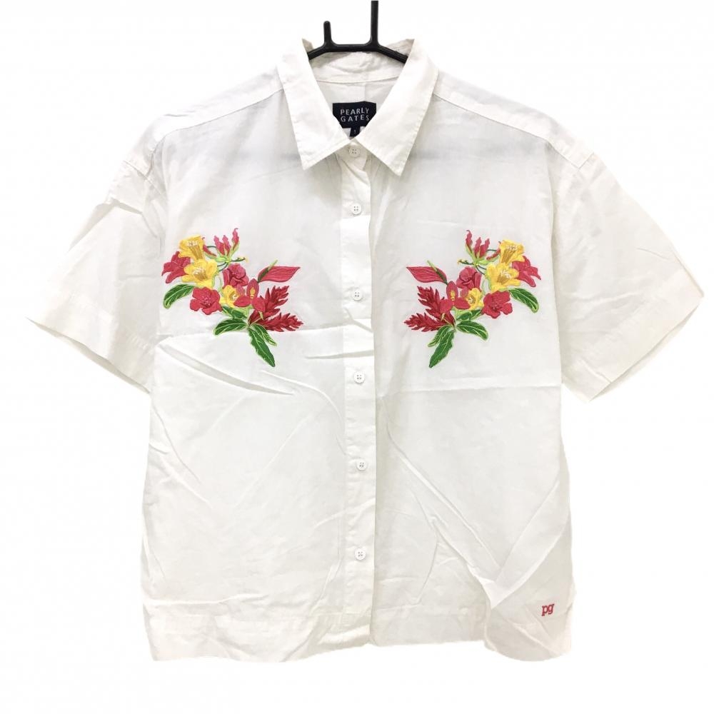 パーリーゲイツ 半袖シャツ 白　花刺しゅうピンク　麻混 レディース 1(M) ゴルフウェア PEARLY GATES