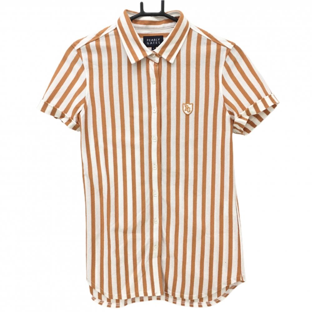 【美品】パーリーゲイツ 半袖シャツ 白×オレンジ ストライプ  レディース 1(M) ゴルフウェア PEARLY GATES