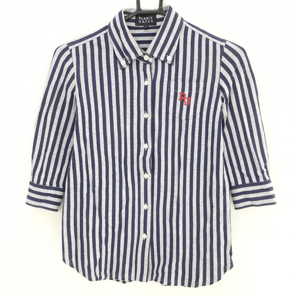 パーリーゲイツ 七分袖シャツ ネイビー×白 ストライプ ボタンダウン コットン100％ レディース 0(S) ゴルフウェア PEARLY GATES