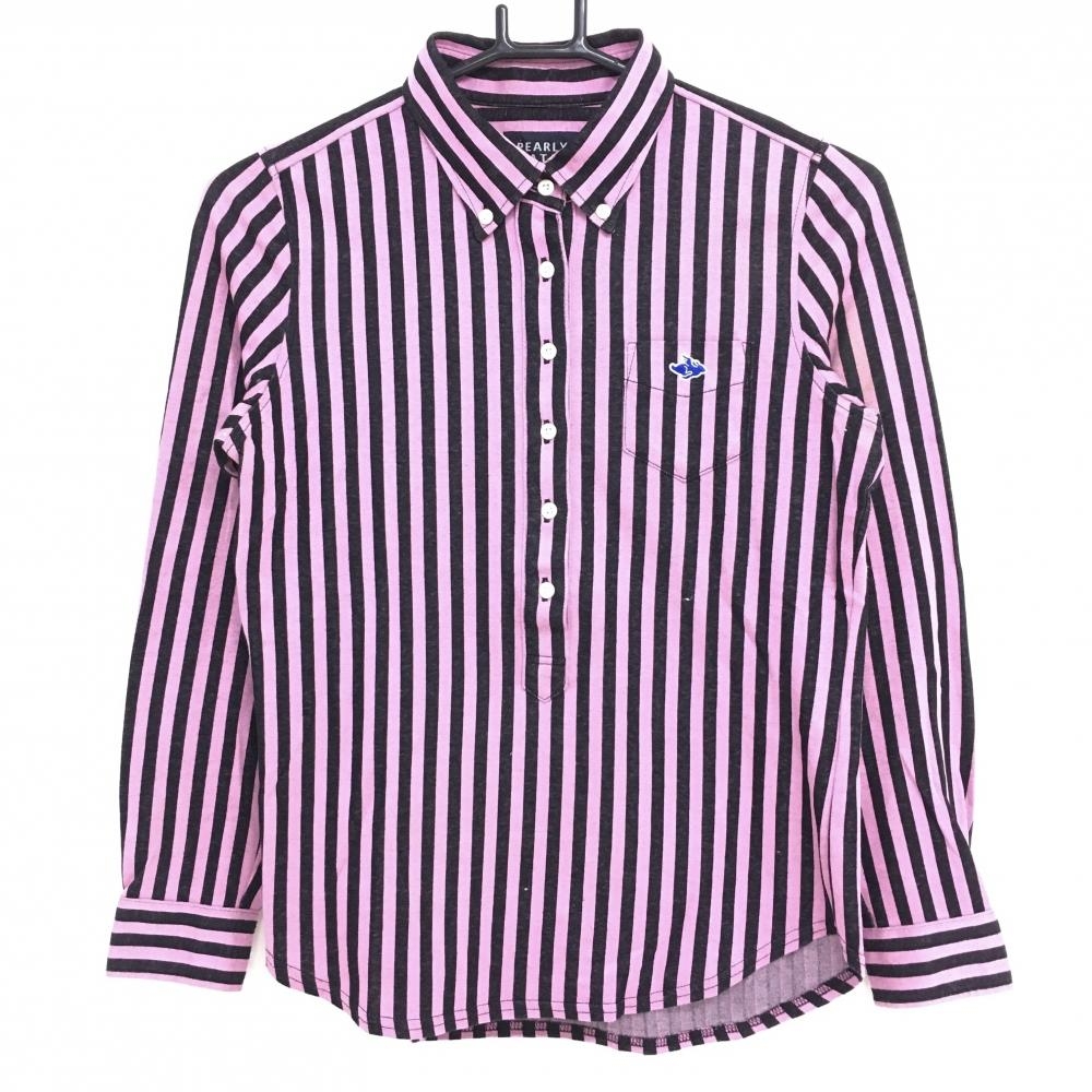 パーリーゲイツ 長袖シャツ ピンク×黒 ストライプ ボタンダウン  レディース 0(S) ゴルフウェア PEARLY GATES