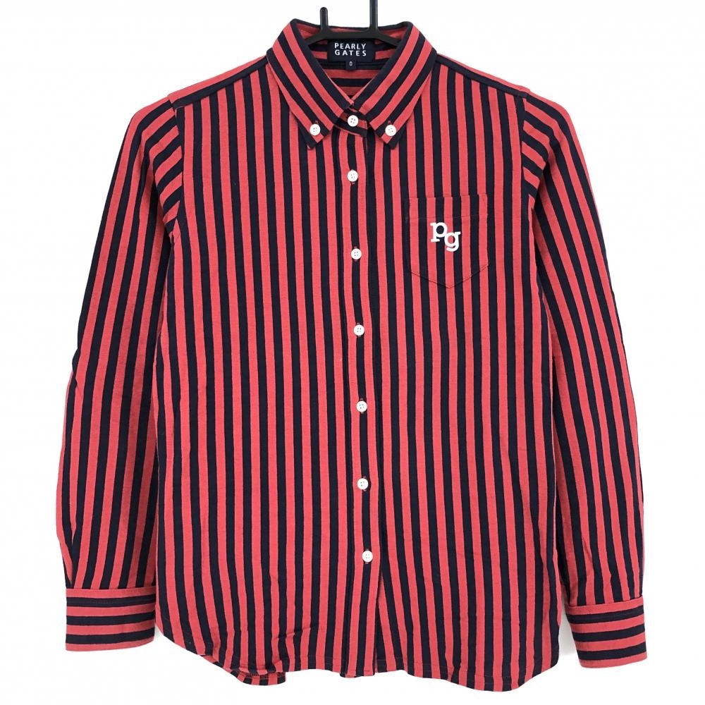パーリーゲイツ 長袖シャツ レッド×ネイビー ストライプ ボタンダウン レディース 0(S) ゴルフウェア PEARLY GATES