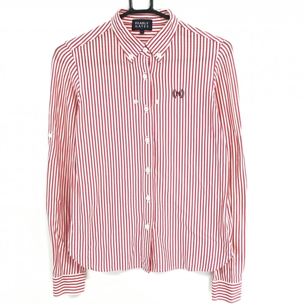 パーリーゲイツ 長袖シャツ レッド×白 ストライプ ボタンダウン  レディース 1(M) ゴルフウェア PEARLY GATES