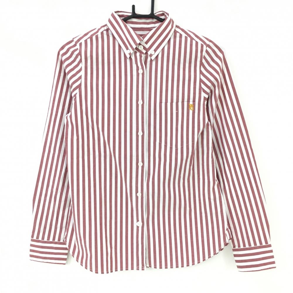 【美品】パーリーゲイツ 長袖シャツ 白×ボルドー ストライプ ボタンダウン レディース 0(S) ゴルフウェア PEARLY GATES