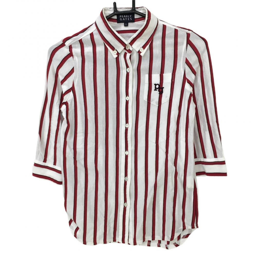パーリーゲイツ 七分袖シャツ レッド×白 ストライプ ボタンダウン レディース 0(S) ゴルフウェア PEARLY GATES