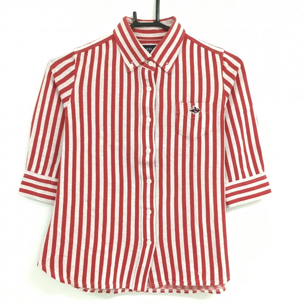 【超美品】パーリーゲイツ 五分袖シャツ レッド×白 ストライプ ボタンダウン  レディース 0(S) ゴルフウェア PEARLY GATES