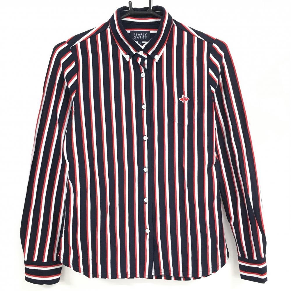 【超美品】パーリーゲイツ 長袖シャツ ダークネイビー×レッド ストライプ ボタンダウン  レディース 1(M) ゴルフウェア PEARLY GATES