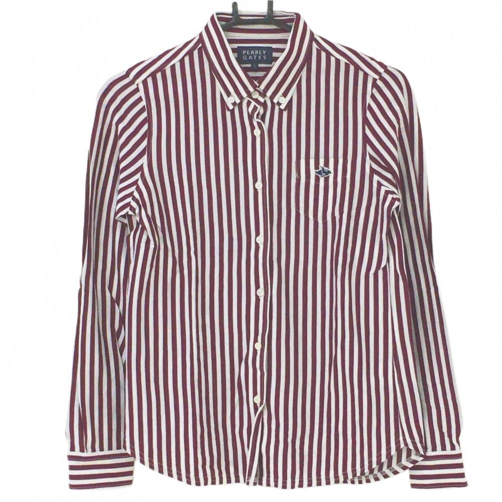 【超美品】パーリーゲイツ 長袖シャツ ボルドー×白 ストライプ ボタンダウン レディース 1(M) ゴルフウェア PEARLY GATES
