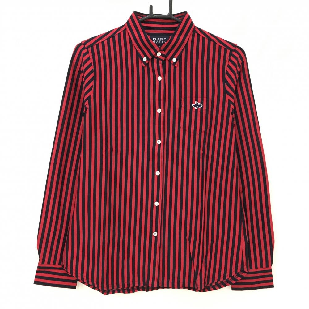【新品】パーリーゲイツ 長袖シャツ レッド×黒 ストライプ ボタンダウン レディース 2(L) ゴルフウェア PEARLY GATES
