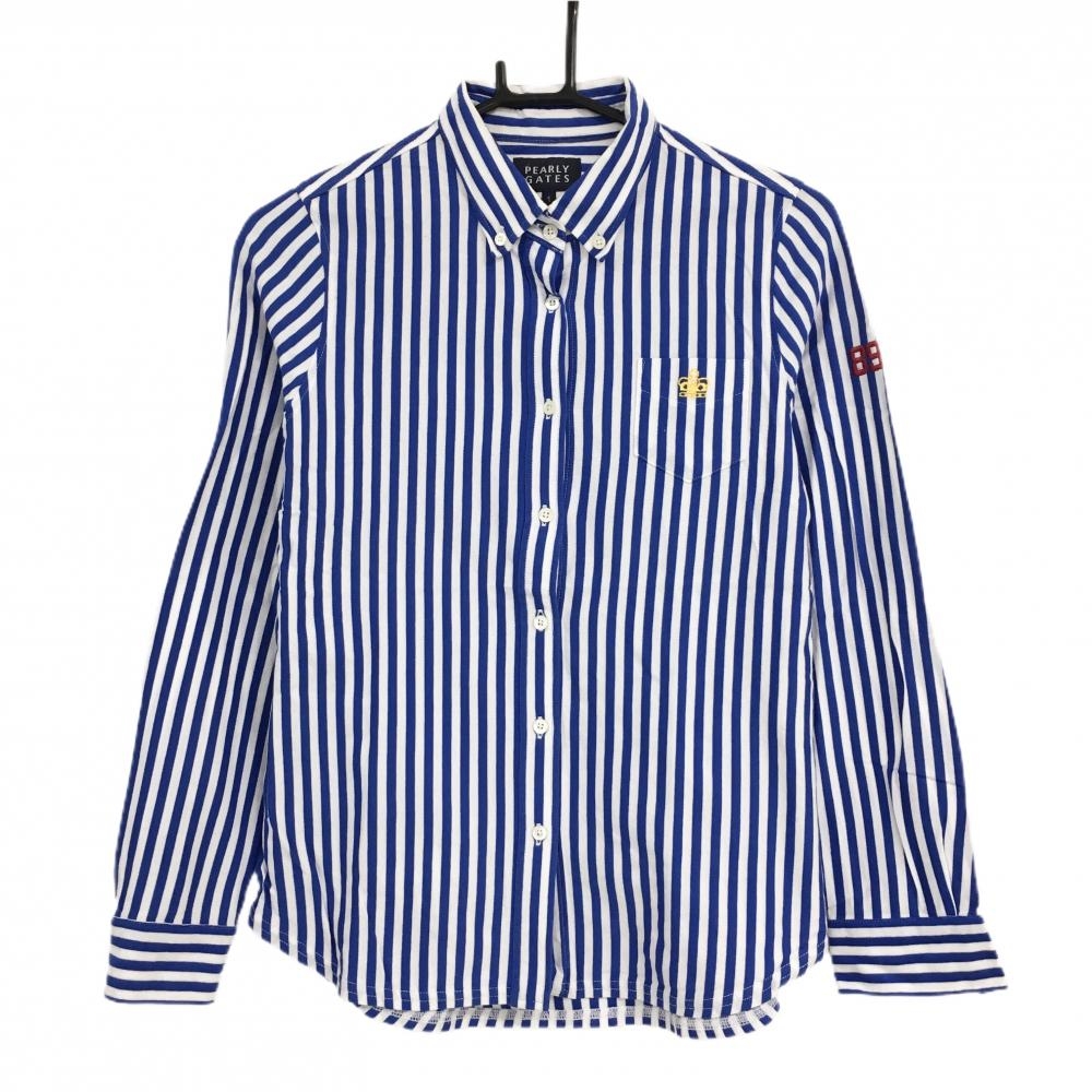 【美品】パーリーゲイツ 長袖シャツ 白×ブルー ストライプ ボタンダウン コットン100％  レディース 1(M) ゴルフウェア PEARLY GATES