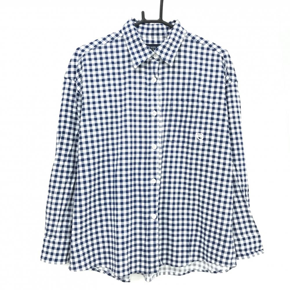 パーリーゲイツ 長袖シャツ 白×ネイビー ギンガムチェック コットン100％ レディース 1(M) ゴルフウェア PEARLY GATES