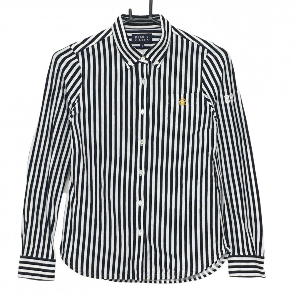 【美品】パーリーゲイツ 長袖シャツ 黒×白 ストライプ ボタンダウン レディース 0(S) ゴルフウェア PEARLY GATES
