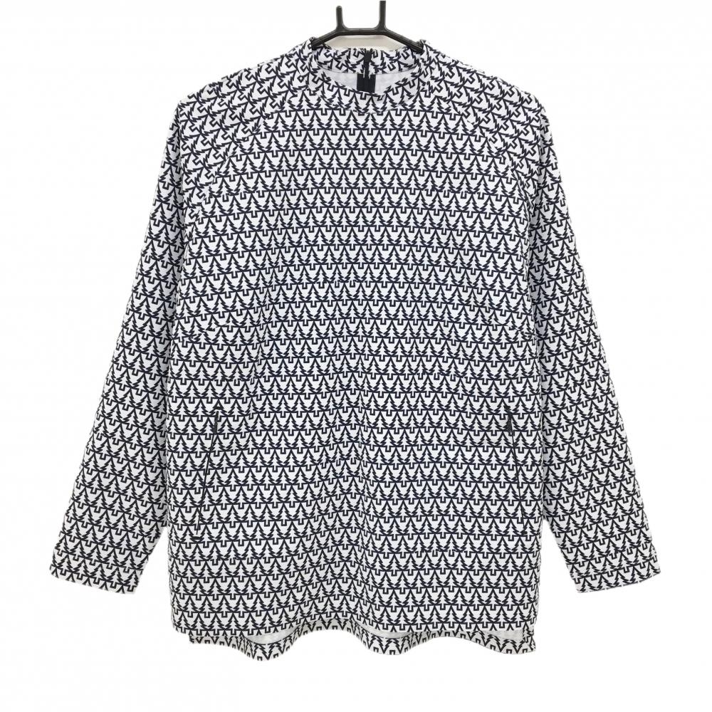 【超美品】PGGパーリーゲイツ 長袖シャツ 白×ネイビー 総柄 ツリー 後ろハーフジップ レディース 1(M) ゴルフウェア PEARLY GATES