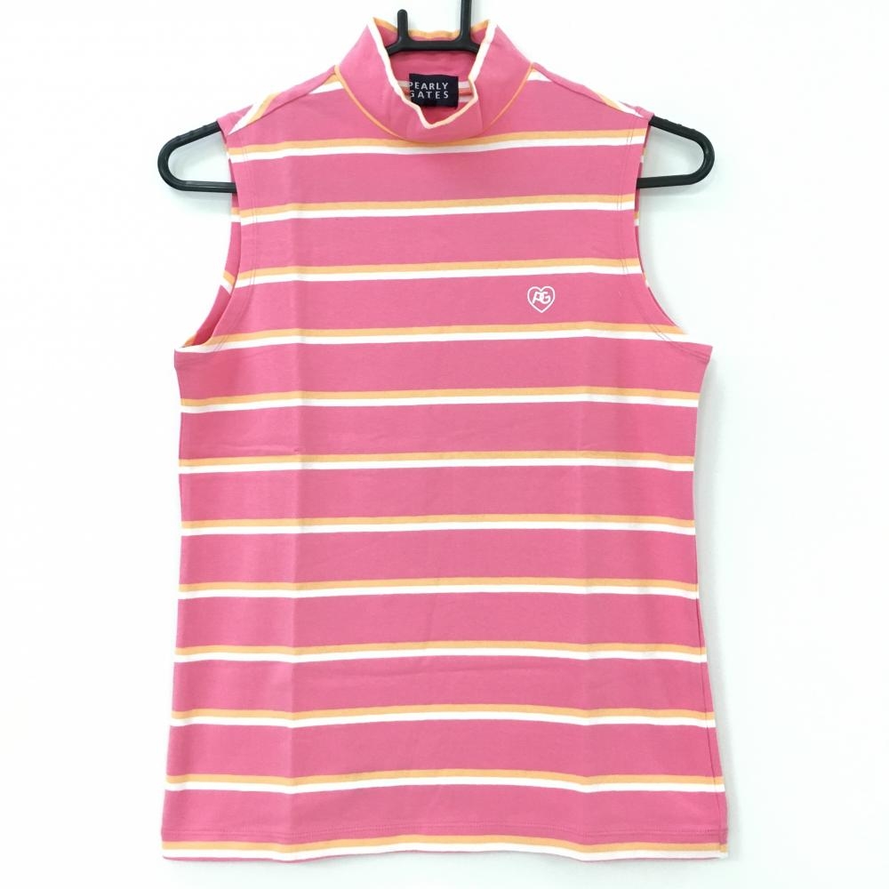 【美品】パーリーゲイツ ノースリーブシャツ ピンク×オレンジ ボーダー レディース 1(M) ゴルフウェア PEARLY GATES