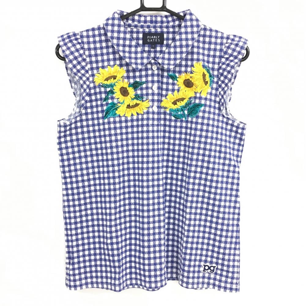 【超美品】パーリーゲイツ ノースリーブポロシャツ ブルー×白 チェック サッカー生地調 レディース 1(M) ゴルフウェア PEARLY GATES