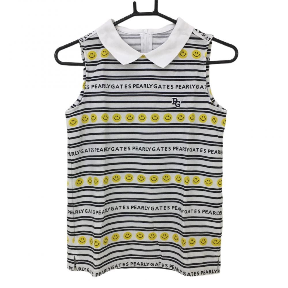 【超美品】パーリーゲイツ ノースリーブポロシャツ 白×黒 ボーダー ニコちゃん スマイル  レディース 00(XS) ゴルフウェア PEARLY GATES
