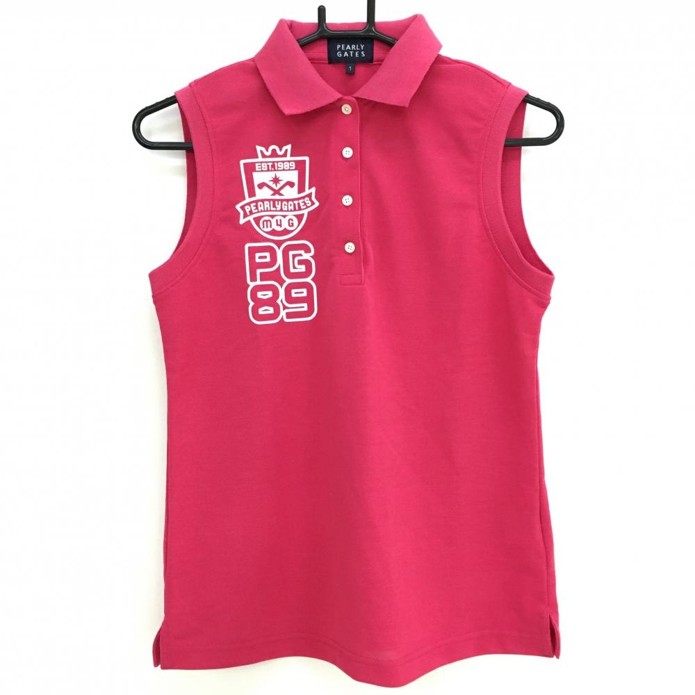 【超美品】パーリーゲイツ ノースリーブポロシャツ ピンク×白 襟裏ライン＆プリント 日本製 レディース 1(M) ゴルフウェア PEARLY GATES