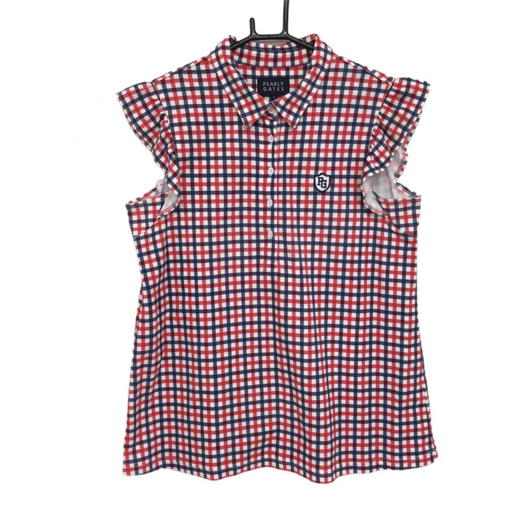 パーリーゲイツ ノースリーブポロシャツ 白×レッド×ネイビー チェック 袖フリル　 レディース 1(M) ゴルフウェア PEARLY GATES