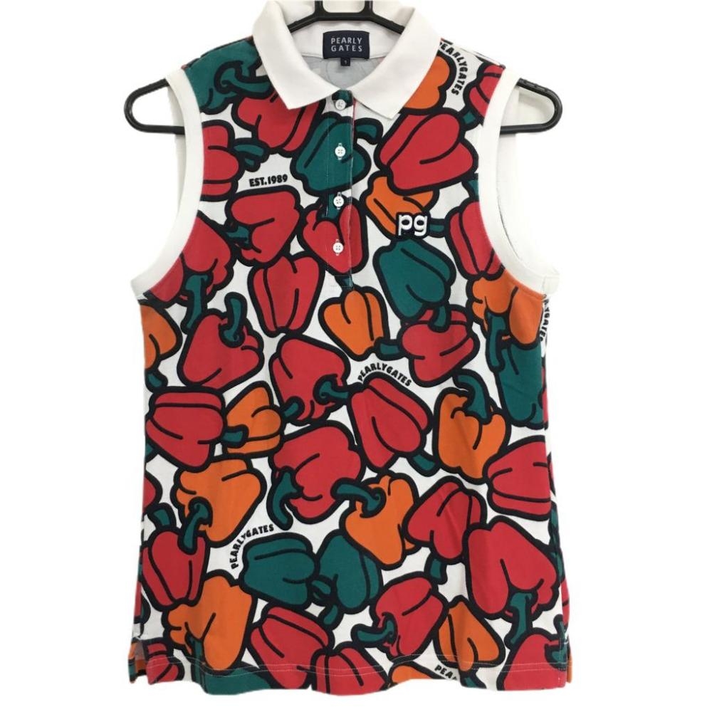 パーリーゲイツ ノースリーブポロシャツ 白×レッド×ブルーグリーン ピーマン柄 パプリカ柄  レディース 1(M) ゴルフウェア PEARLY GATES