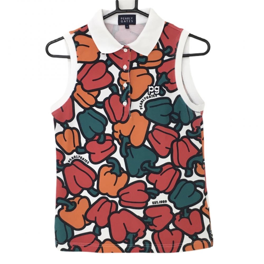 パーリーゲイツ ノースリーブポロシャツ オレンジ×レッド パプリカ総柄 レディース 0(S) ゴルフウェア PEARLY GATES