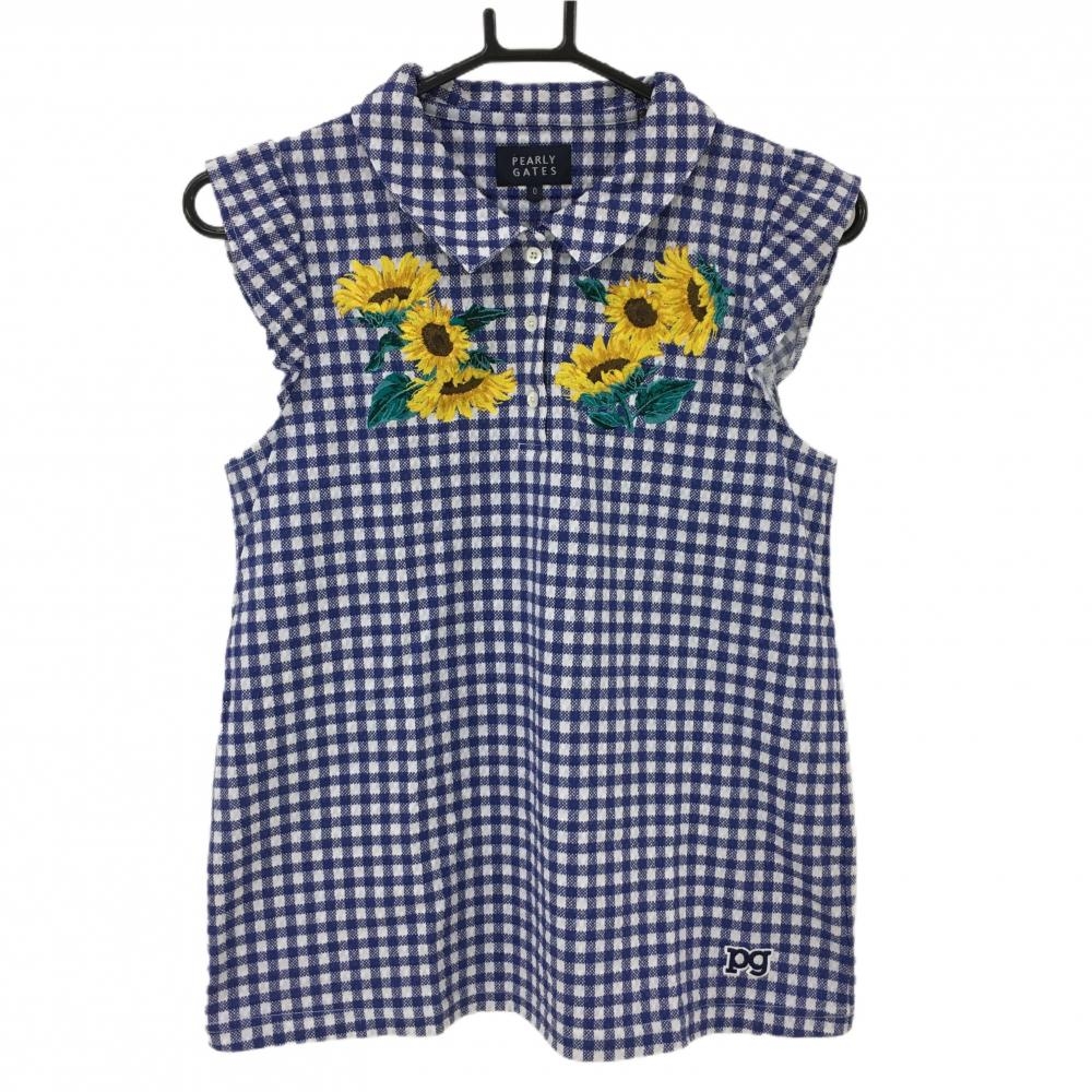 【美品】パーリーゲイツ ノースリーブポロシャツ ネイビー×白 チェック 一部ひまわり柄 レディース 0(S) ゴルフウェア PEARLY GATES