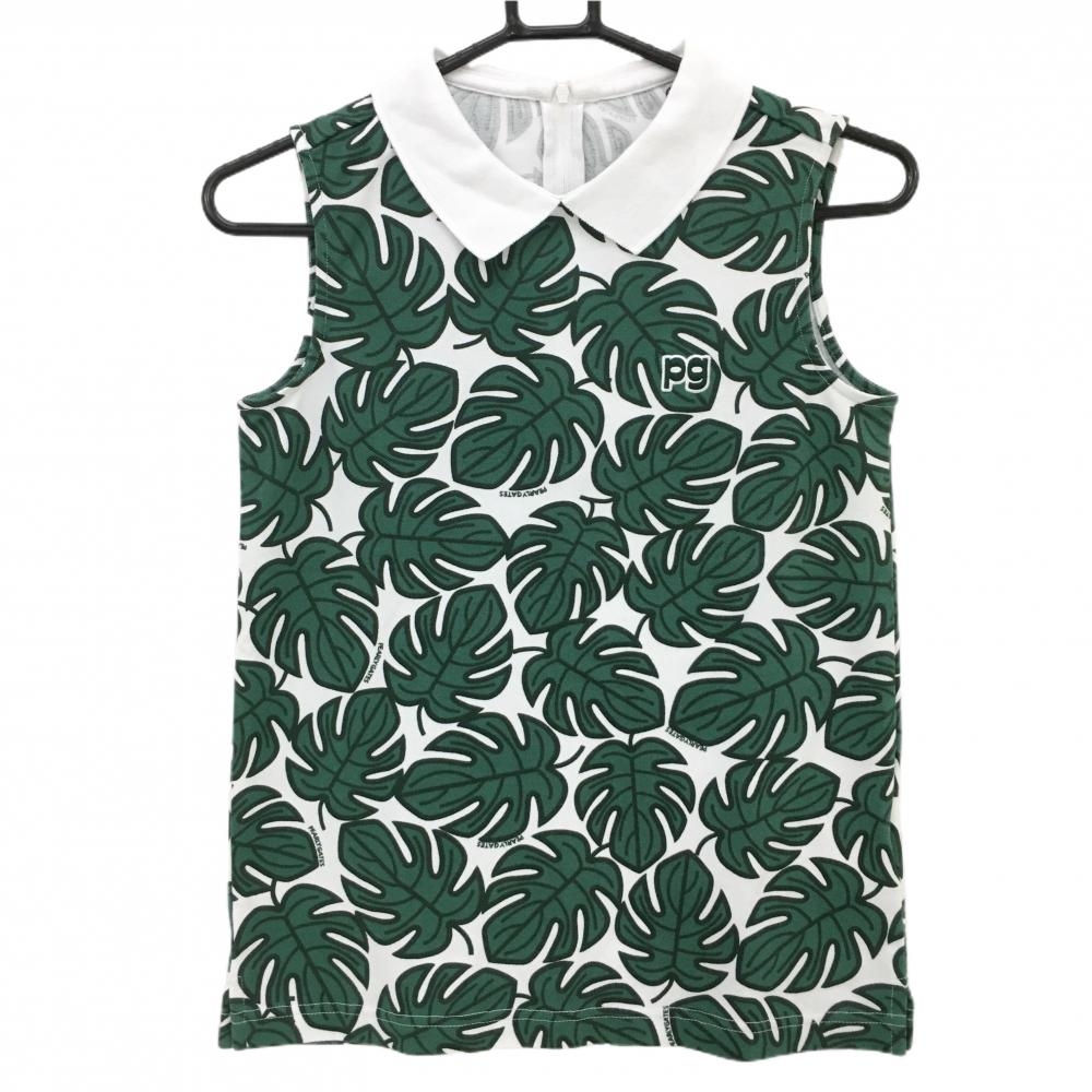 パーリーゲイツ ノースリーブポロシャツ 白×グリーン リーフ柄 レディース 00(XS) ゴルフウェア PEARLY GATES