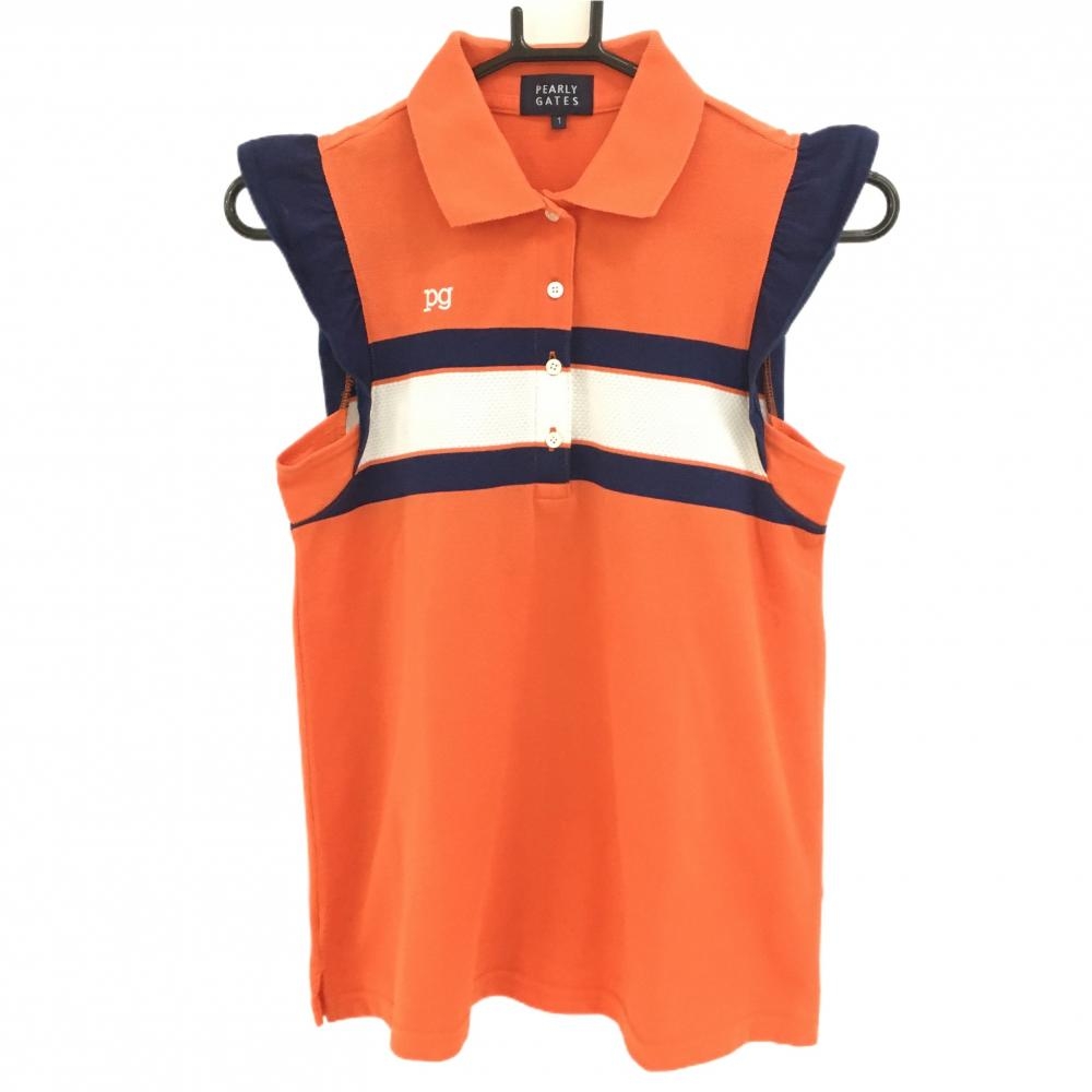 パーリーゲイツ ノースリーブポロシャツ オレンジ×ネイビー 胸元切替  レディース 1(M) ゴルフウェア PEARLY GATES