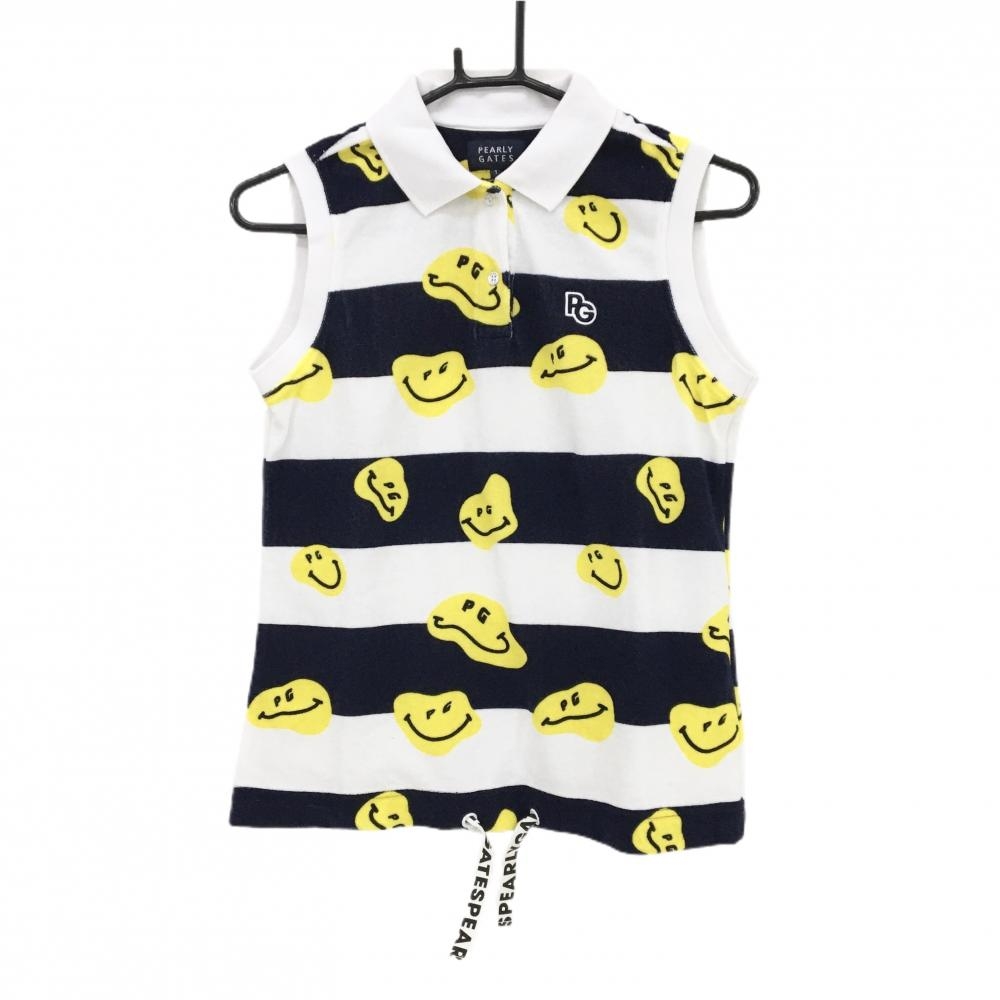 パーリーゲイツ ノースリーブポロシャツ 白×ネイビー×イエロー 太ボーダー ニコちゃん レディース 1(M) ゴルフウェア PEARLY GATES