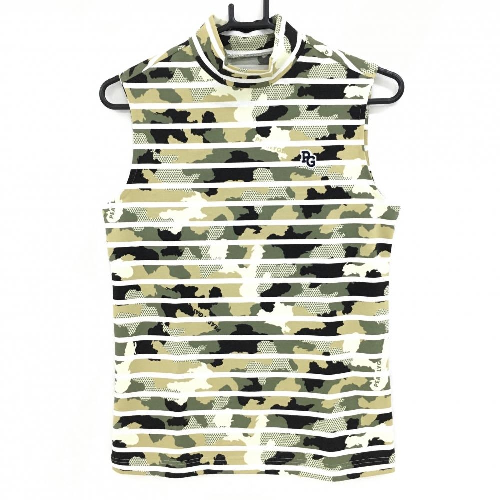 【超美品】パーリーゲイツ ノースリーブハイネックシャツ カーキ×ベージュ×白カモフラ迷彩   レディース 1(M) ゴルフウェア PEARLY GATES