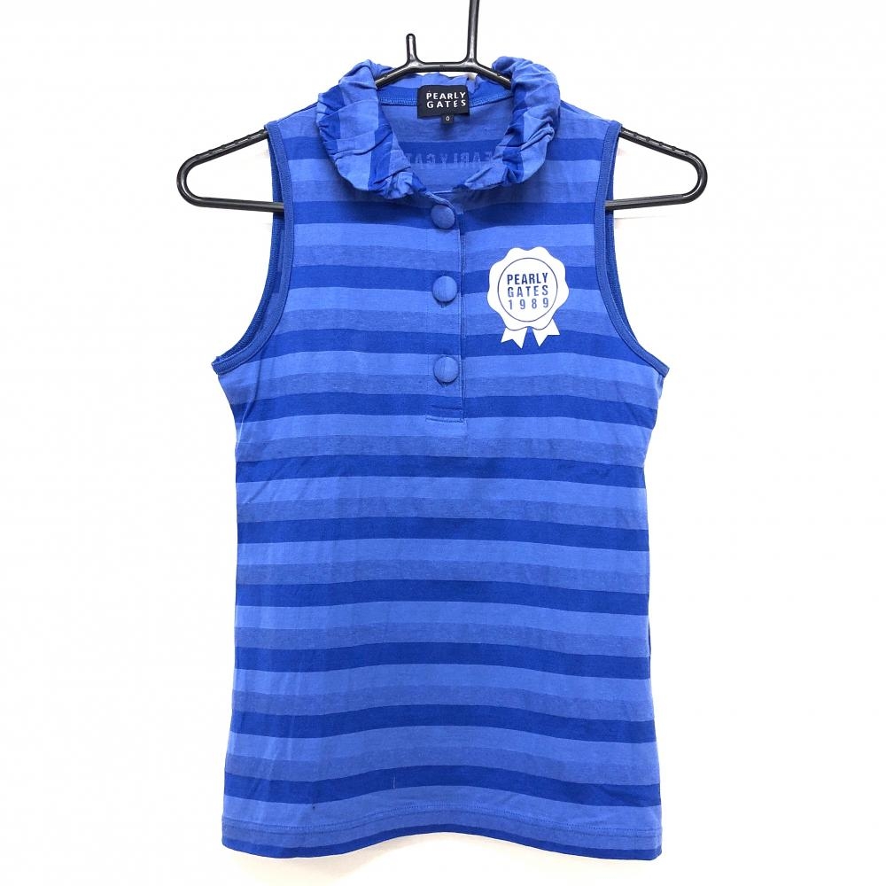 【美品】パーリーゲイツ ノースリーブポロシャツ ブルー ボーダー  レディース 0(S) ゴルフウェア PEARLY GATES