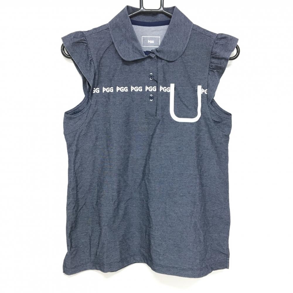 【新品】PGGパーリーゲイツ ノースリーブポロシャツ ネイビー デニム風 胸元ロゴ レディース 0(S) ゴルフウェア PEARLY GATES