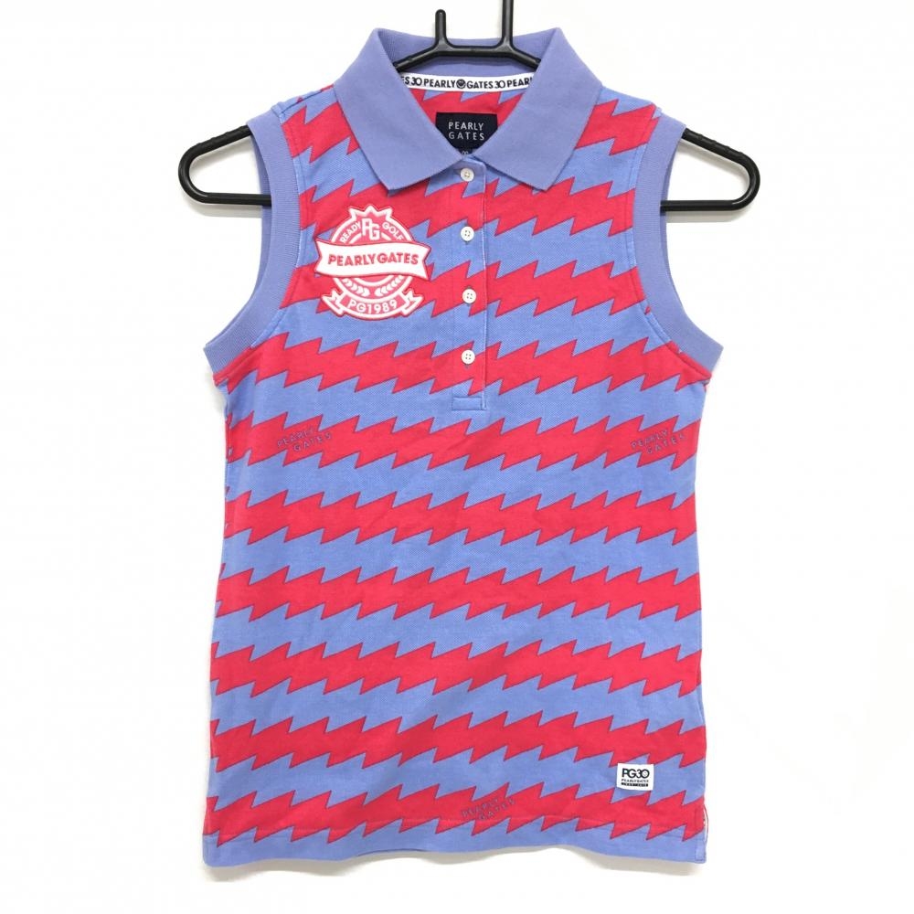 【新品】パーリーゲイツ ノースリーブポロシャツ ライトブルー×レッド 稲妻柄 30周年 レディース 00(XS) ゴルフウェア PEARLY GATES
