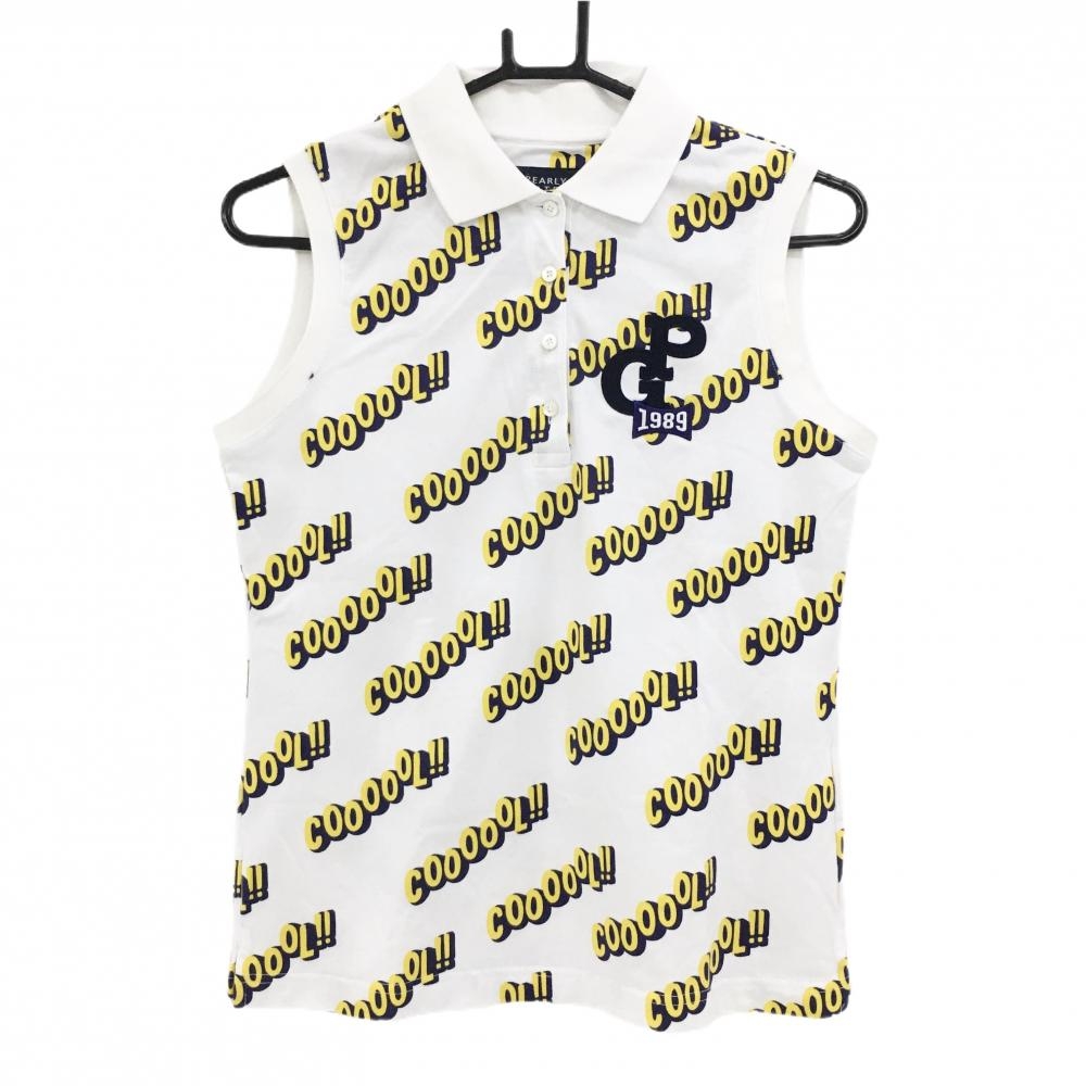 パーリーゲイツ ノースリーブポロシャツ 白×イエロー 英字総柄 レディース 0(S) ゴルフウェア PEARLY GATES