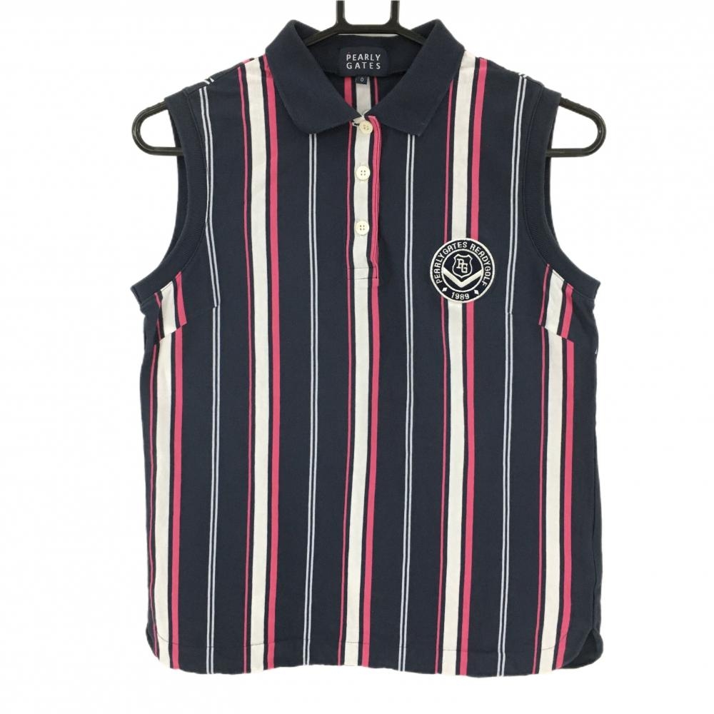 パーリーゲイツ ノースリーブポロシャツ ネイビー×白×ピンク ストライプ ロゴワッペン レディース 0(S) ゴルフウェア PEARLY GATES
