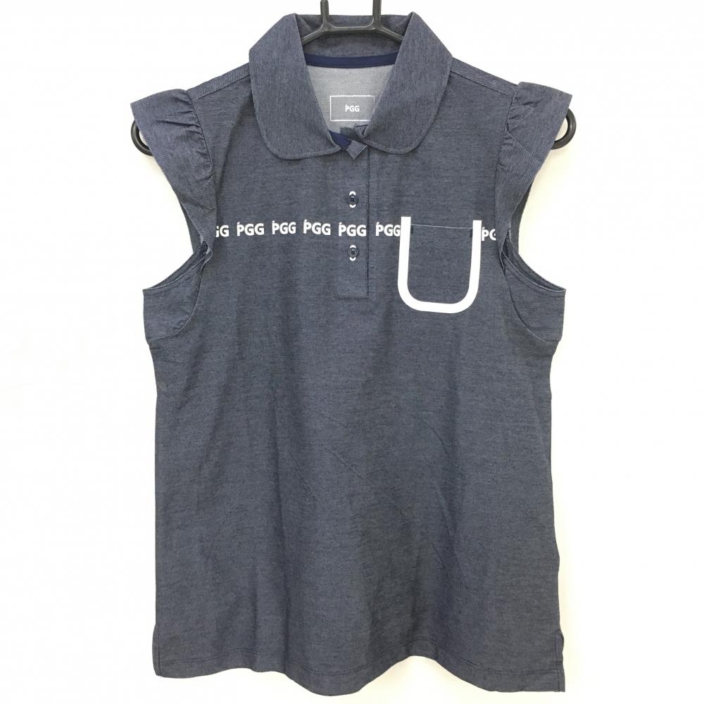 【超美品】PGGパーリーゲイツ ノースリーブポロシャツ 杢ネイビー×白 胸ポケット 袖フリル レディース 0(S) ゴルフウェア PEARLY GATES
