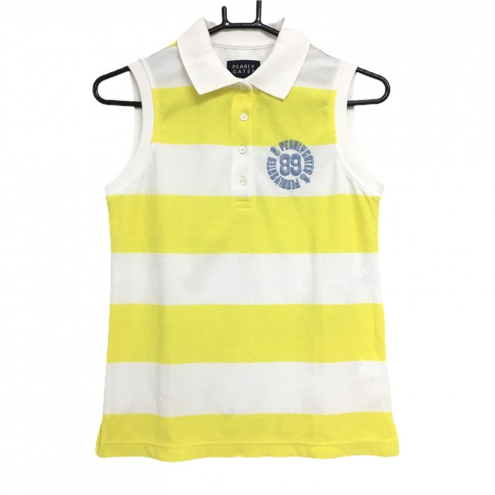 パーリーゲイツ ノースリーブポロシャツ 白×イエロー ボーダー パイル地 胸ロゴ レディース 0(S) ゴルフウェア PEARLY GATES
