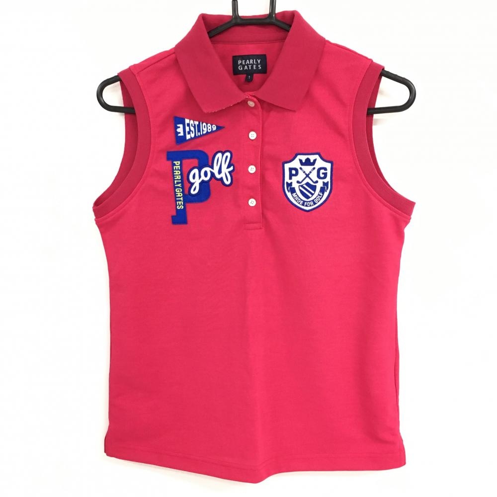 【超美品】パーリーゲイツ ノースリーブポロシャツ ピンク×ブルー 襟裏ボーダー レディース 1(M) ゴルフウェア PEARLY GATES