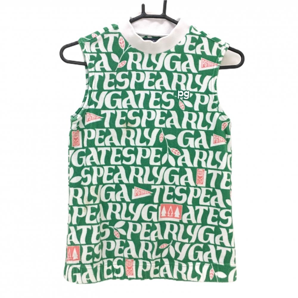 パーリーゲイツ ノースリーブハイネックシャツ グリーン×白 パイル地 ロゴ総柄  レディース 0(S) ゴルフウェア PEARLY GATES