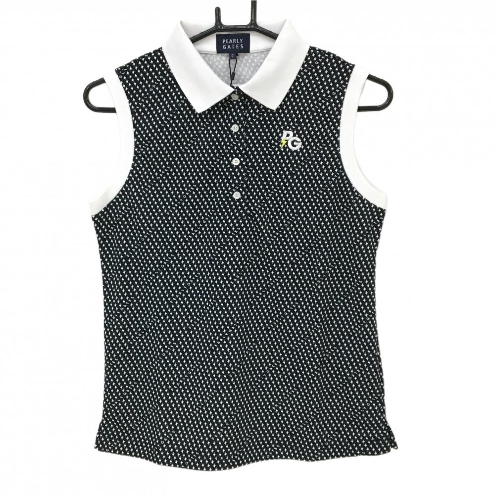 【新品】パーリーゲイツ ノースリーブポロシャツ 黒×白 稲妻柄 ロゴ刺しゅう レディース 0(S) ゴルフウェア PEARLY GATES