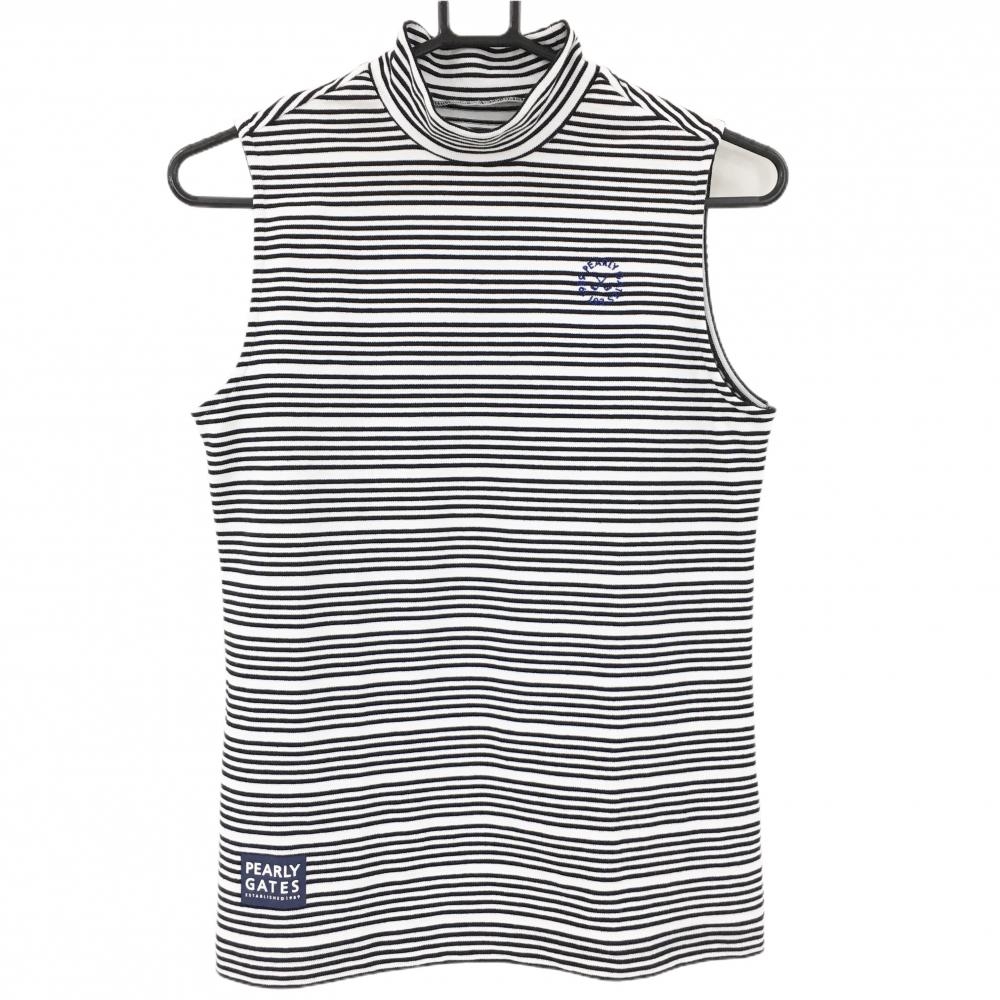 【超美品】パーリーゲイツ ノースリーブハイネックシャツ 白×黒 ボーダー レディース 1(M) ゴルフウェア 2023年モデル PEARLY GATES