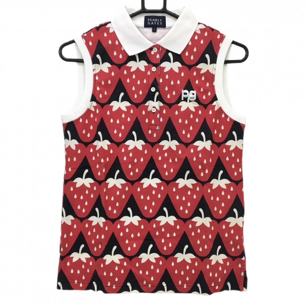 【美品】パーリーゲイツ ノースリーブポロシャツ レッド×黒×白 イチゴ総柄 コットン100％ レディース 1(M) ゴルフウェア PEARLY GATES
