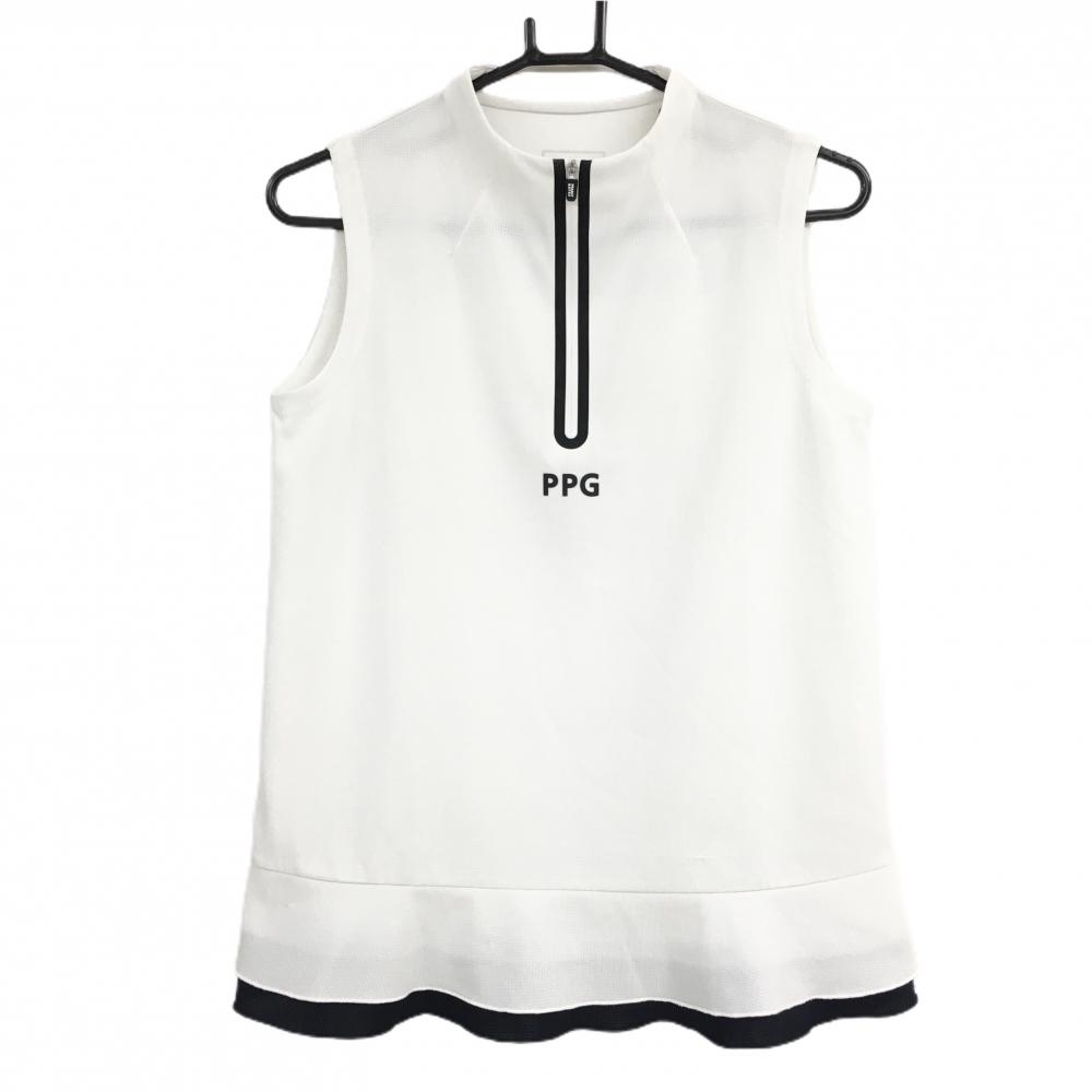 PGGパーリーゲイツ ノースリーブシャツ 白×黒 ハーフジップ バックロゴ レディース 1(M) ゴルフウェア PEARLY GATES