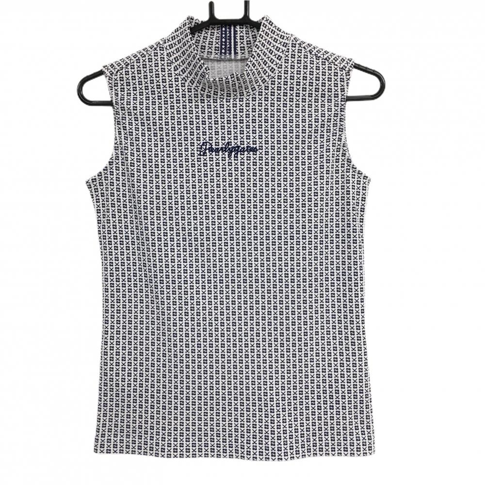 【超美品】パーリーゲイツ ノースリーブハイネックシャツ 白×ネイビー ロゴ・クラブ総柄 レディース 00(XS) ゴルフウェア PEARLY GATES