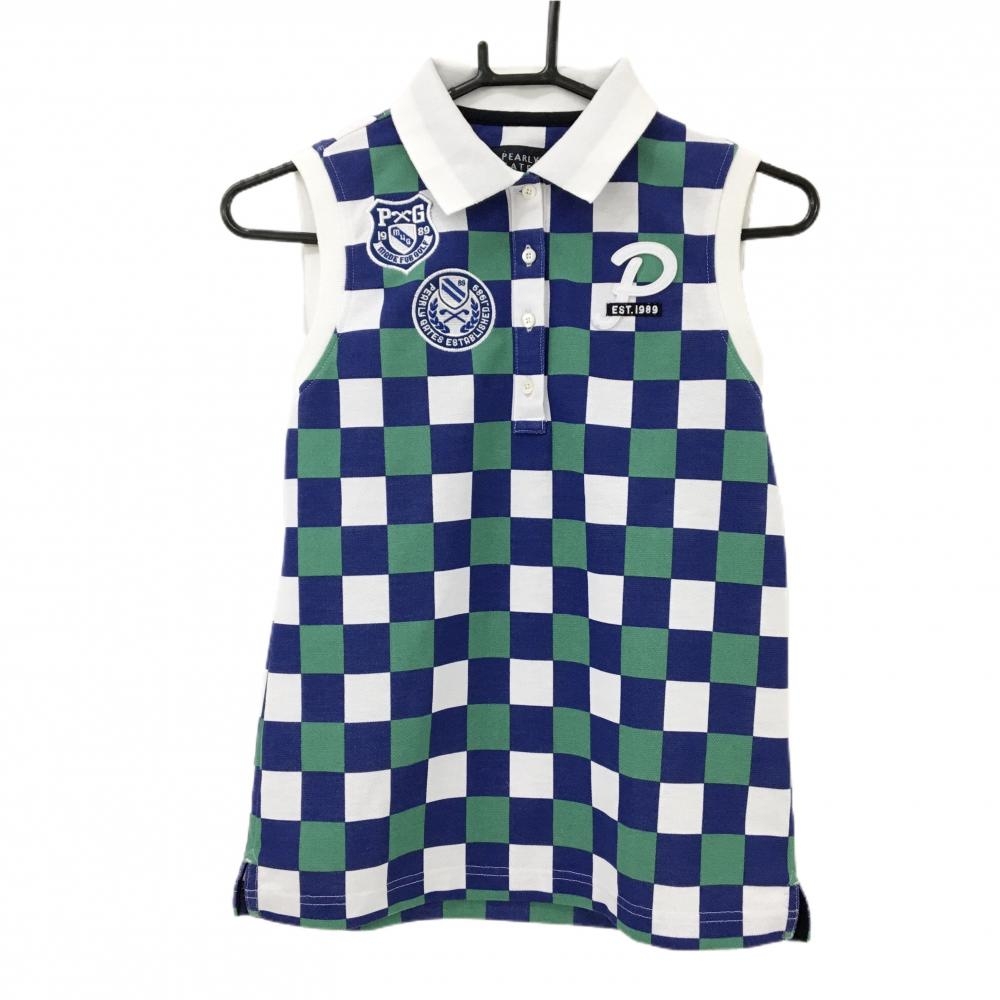 【美品】パーリーゲイツ ノースリーブポロシャツ ネイビー×グリーン ブロックチェック レディース 0(S) ゴルフウェア PEARLY GATES