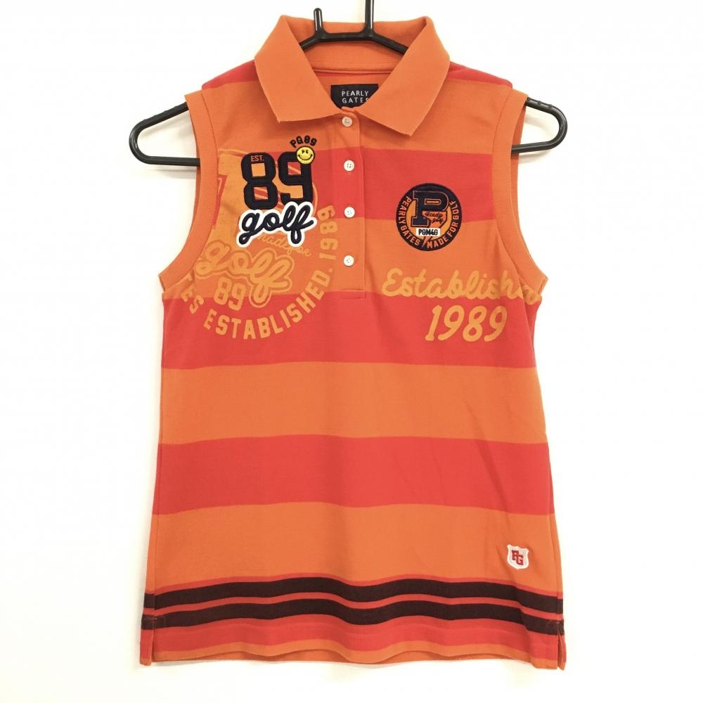 パーリーゲイツ ノースリーブポロシャツ オレンジ×レッド ボーダー ニコちゃん スマイル レディース 0(S) ゴルフウェア PEARLY GATES