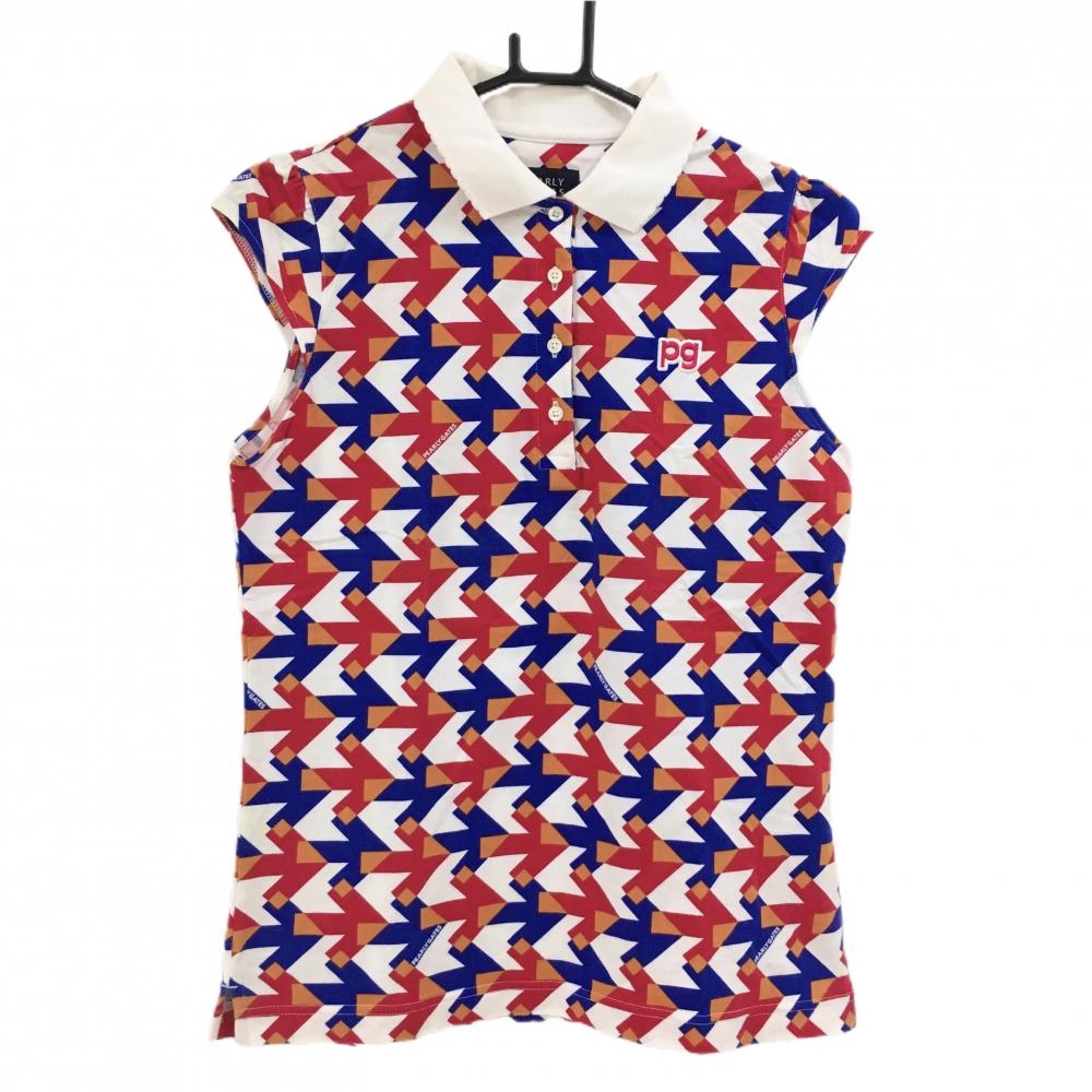 パーリーゲイツ ノースリーブポロシャツ 白×レッド×ネイビー 矢印柄 レディース 2(L) ゴルフウェア PEARLY GATES