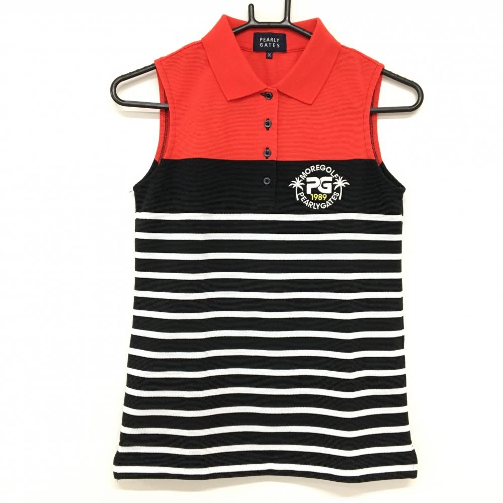 【超美品】パーリーゲイツ ノースリーブポロシャツ ネイビー×白×レッド パネルボーダー  レディース 00(XS) ゴルフウェア PEARLY GATES
