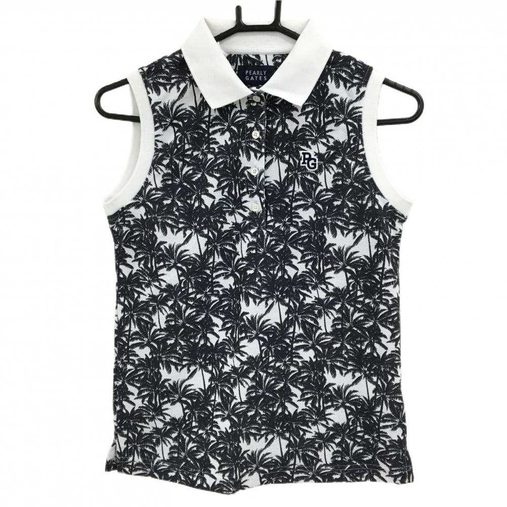 【美品】パーリーゲイツ ノースリーブポロシャツ 白×ネイビー ヤシの木総柄 ワッペン  レディース 00(XS) ゴルフウェア PEARLY GATES
