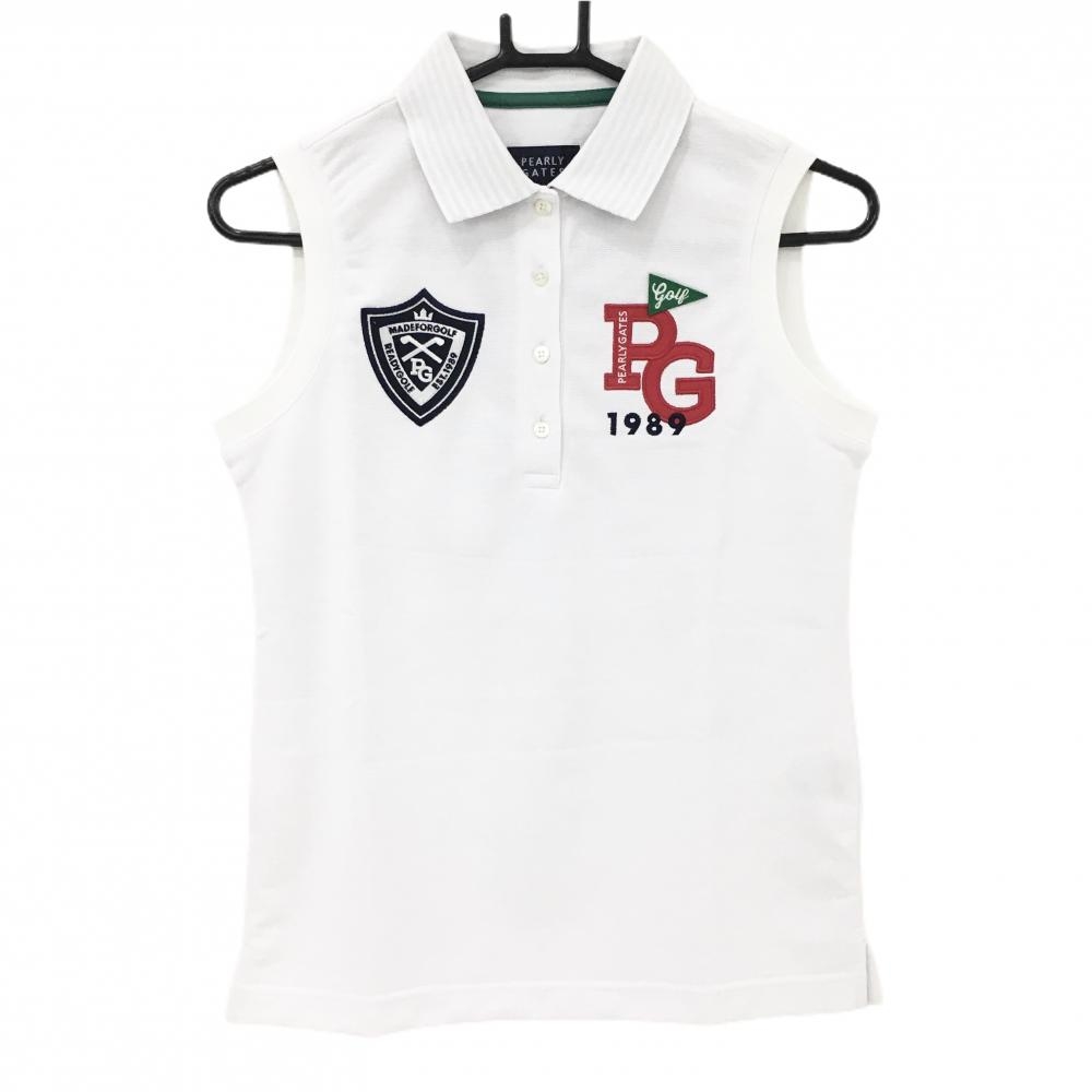 【新品】パーリーゲイツ ノースリーブポロシャツ 白×ネイビー 胸元ロゴ 襟裏ボーダー レディース 0(S) ゴルフウェア PEARLY GATES