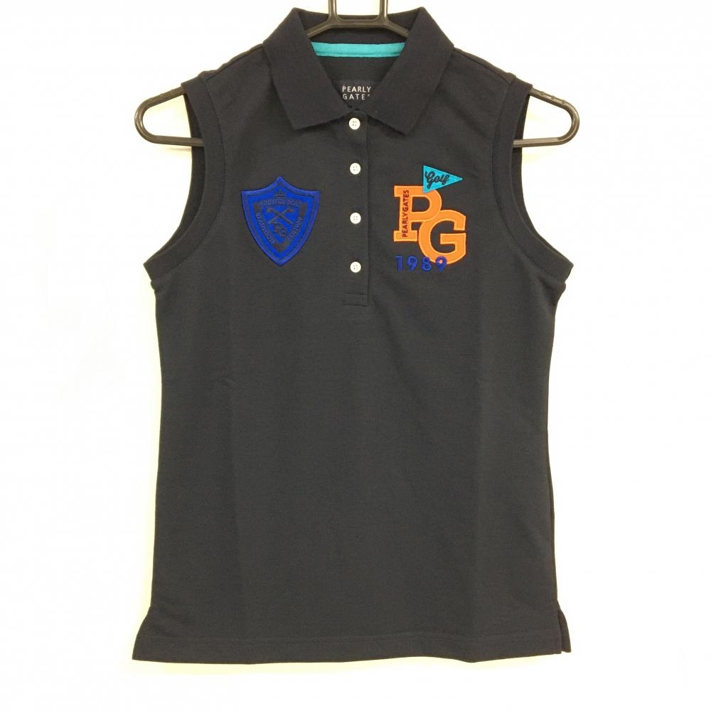 【新品】パーリーゲイツ ノースリーブポロシャツ ダークネイビー×ブルー 胸元ロゴ レディース 0(S) ゴルフウェア PEARLY GATES